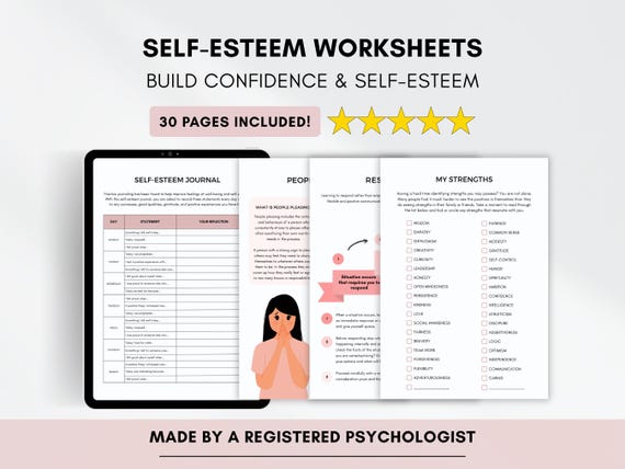 Self-Esteem Worksheets: Confidence Building Therapy Workbook (PDF Digital Download)