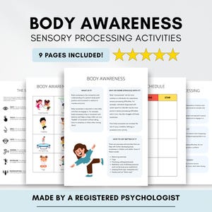 Può includere: Un set di fogli di lavoro stampabili intitolati "Body Awareness Sensory Processing Activities". Le pagine includono illustrazioni e testo, con la frase "9 PAGES INCLUDED!" in alto. La parte inferiore dell'immagine recita "Made by a Registered Psychologist".