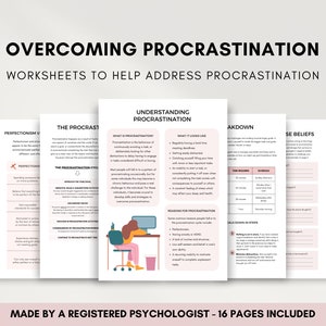 Overcoming Procrastination Worksheet Bundle, Coping Skills for Adults, Thought Challenging, Productivity Workbook, Therapist Resources