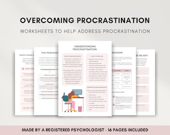 Overcoming Procrastination Worksheet Bundle, Coping Skills for Adults, Thought Challenging, Productivity Workbook, Therapist Resources