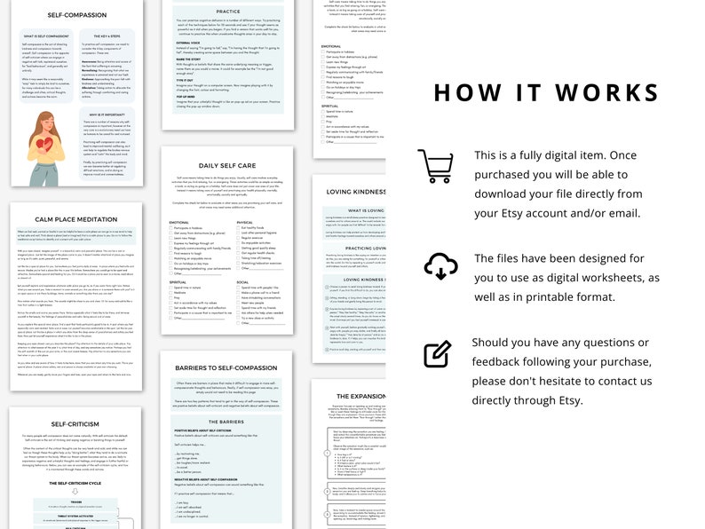 Self Compassion Worksheet Bundle to Learn Self-Compassion and Positive Self Talk