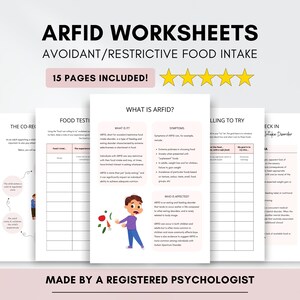 May include: ARFID worksheets with the text "Avoidant/Restrictive Food Intake" and "15 Pages Included!" are displayed. The worksheets are white with black text and include illustrations. The text "Made by a Registered Psychologist" is at the bottom.