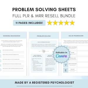 May include: A digital bundle of problem solving sheets featuring 11 pages with text including Working Backwards, Problem Solving, and Solve Framework. The document includes a star rating graphic and a badge stating Editable in Canva.