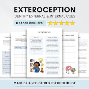 Pode incluir: Um download digital intitulado "Exterocepção" com o texto "Identificar pistas externas e internas". A imagem mostra várias páginas com texto e ilustrações, incluindo um desenho de uma pessoa e um cérebro. O texto "11 páginas incluídas!" também é visível.