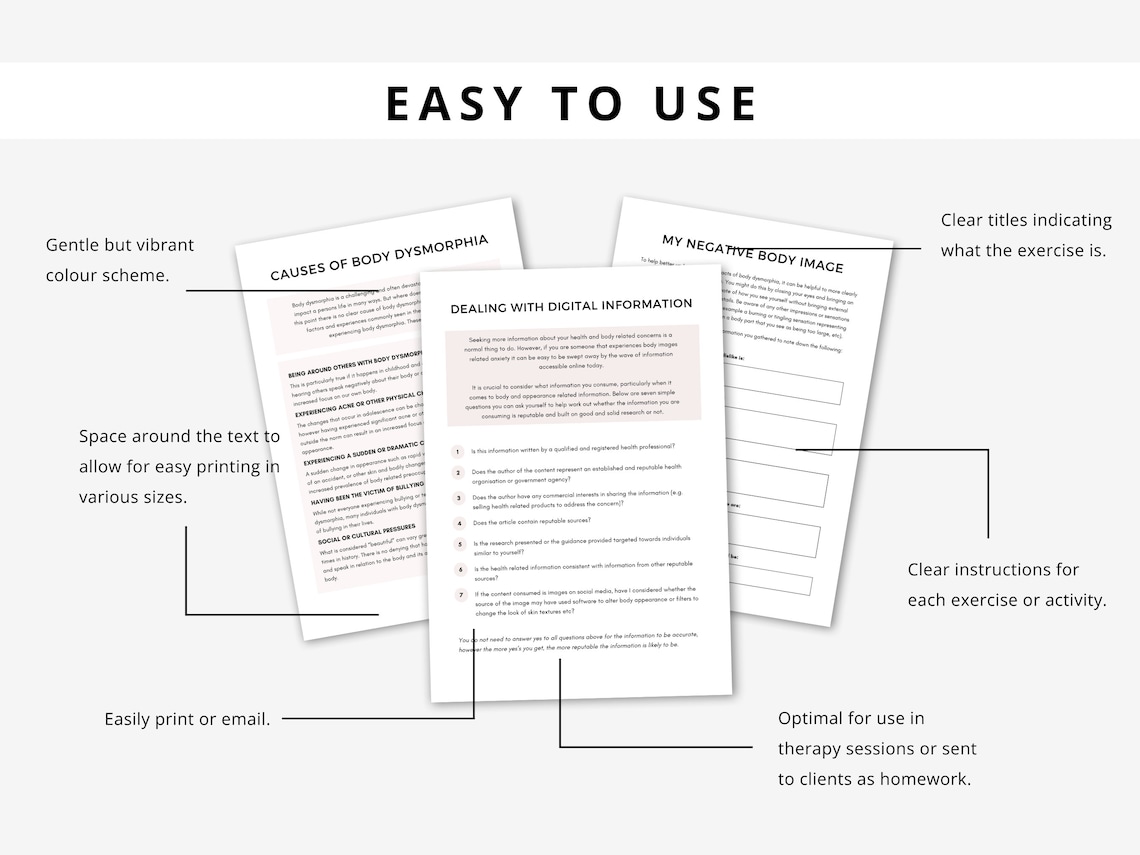 CBT for Body Dysmorphia Worksheets Bundle, Body Dysmorphia Therapy