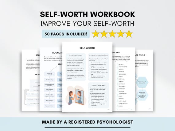 Self-Worth Workbook, Therapy Exercises to Improve Self-Esteem & Confidence (PDF Digital Download)