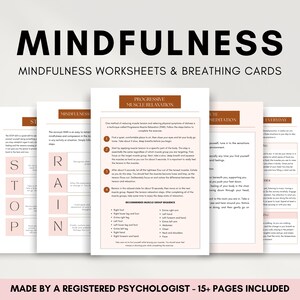 Hojas de trabajo de atención plena para adultos y adolescentes elaboradas por psicólogos y terapeutas de tarjetas de respiración consciente, recurso para desarrollar habilidades de afrontamiento