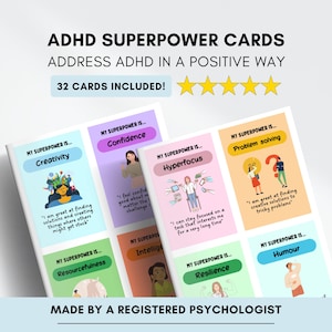 Tarjetas de superpoderes para el TDAH para niños: Confianza y habilidades de afrontamiento (imprimibles)