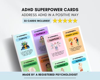 Carte dei superpoteri per bambini con ADHD: fiducia in se stessi e strategie di gestione (PDF stampabile, download digitale)