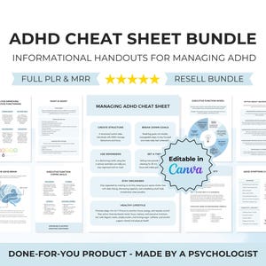 May include: An ADHD cheat sheet bundle featuring informational handouts for managing ADHD. The documents include tips for executive functioning, an executive function wheel, and a symptoms checklist. The central sheet is editable in Canva.