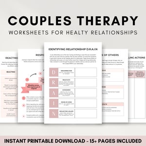 Paquete de hojas de trabajo para terapia de pareja: Reacción vs. respuesta, Habilidades de comunicación, Asesoramiento de relaciones, Eficacia interpersonal