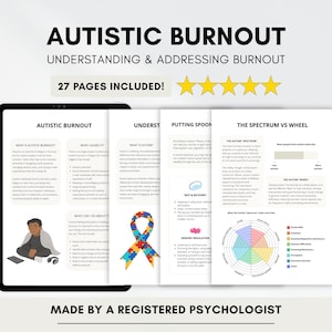 May include: A digital document titled "Autistic Burnout" with the subtitle "Understanding & Addressing Burnout." The cover includes the text "27 Pages Included!" and a graphic of a person. The document is made by a registered psychologist.