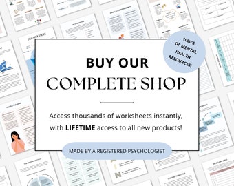 Complete Psychology Worksheets WHOLE SHOP BUNDLE, Over 1000+ Mental Health Digital Resources & Lifetime Access for Therapist or Counselor
