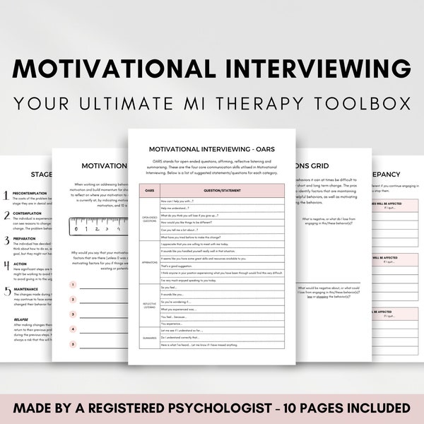 Motivational Interviewing Worksheet Bundle, MI Therapy Toolbox for Therapist of Counsellor, Emotional Regulation & Motivation for Change