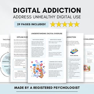 Könnte beinhalten: Ein Ratgeber zum Thema digitale Sucht mit dem Titel "DIGITAL ADDICTION" und dem Untertitel "ADDRESS UNHEALTHY DIGITAL USE". Auf dem Cover steht "29 PAGES INCLUDED!". Die Seiten behandeln Themen wie "UNDERSTANDING DIGITAL OVERUSE" und "OFFLINE EVENTS".