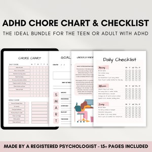 ADHD-karweientabel en checklistbundel, ADHD voor tieners, uitstelwerkbladen voor volwassenen, sjabloon SMART-doel, spiekbriefje copingvaardigheden