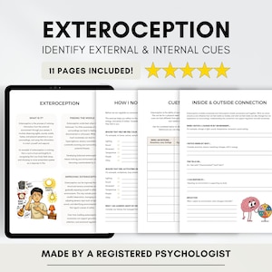 May include: A digital download titled "Exteroception" with the subtitle "Identify External & Internal Cues." The image shows a tablet displaying worksheets with text and illustrations. The text includes "11 Pages Included!" and "Made by a Registered Psychologist."