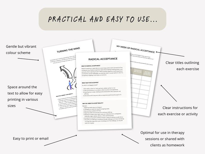 Radical Acceptance DBT Psychoeducation Worksheets for Emotional Regulation