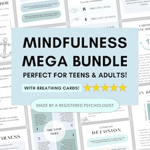 Paquete completo de mindfulness: Hojas de trabajo y tarjetas de respiración para adolescentes y adultos (descarga digital en PDF)