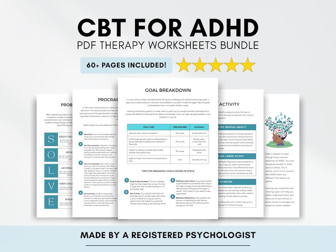 ADHD CBT Worksheets With Coping Skills & Affirmation Cards (PDF Digital ...
