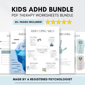 Kids ADHD Worksheet Bundle: Coping Skills & Emotion Management (PDF Printable/Fillable)