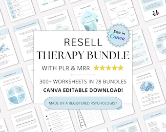 Puede incluir: Un paquete digital de terapia con más de 300 hojas de trabajo en 78 conjuntos, con el texto RESELL THERAPY BUNDLE WITH PLR & MRR, cinco estrellas amarillas y CANVA EDITABLE DOWNLOAD. Las páginas incluyen diagramas, gráficos y contenido.
