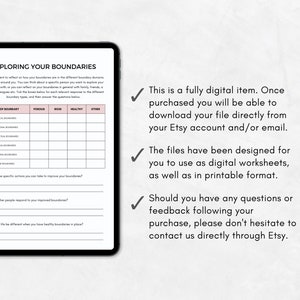 May include: A digital worksheet on a tablet screen titled "Exploring Your Boundaries." The worksheet includes a table to reflect on boundary types and prompts for self-reflection. The image also includes text about the digital item.