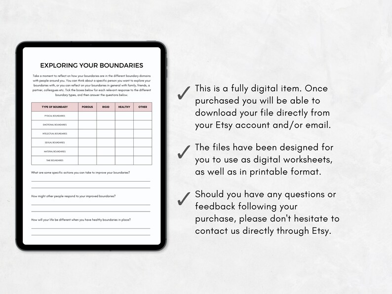 May include: A digital worksheet on a tablet screen titled "Exploring Your Boundaries." The worksheet includes a table to reflect on boundary types and prompts for self-reflection. The image also includes text about the digital item.