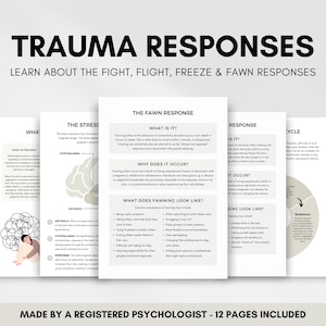 Trauma Worksheets for Managing Trauma Response, Fight Flight Freeze Fawn and Stress Response, PTSD Psychoeducation Therapy Resource