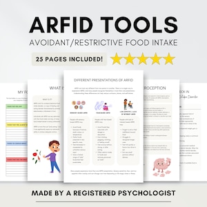 May include: A collection of printable ARFID tools, including guides and worksheets, with the title "ARFID TOOLS" at the top. The text "AVOIDANT/RESTRICTIVE FOOD INTAKE" is below the title. The words "25 PAGES INCLUDED!" are also visible.