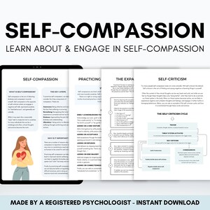 Self Compassion Worksheet Bundle to Learn Self-Compassion and Positive Self Talk Skills, Therapist Resource to Improve Client Self Sabotage