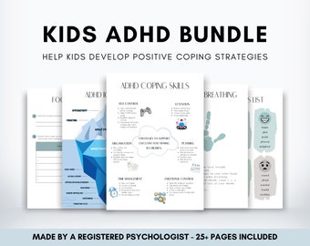 Kids ADHD Worksheet Bundle for Developing Coping Skills, Managing ADHD for Kids, Child Psychology Therapist Resource, Executive Functioning