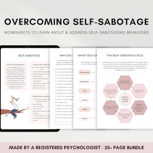 Self Sabotage Worksheets for Understanding and Overcoming Self Sabotaging Behaviours, Procrastination Workbook, Self Esteem Therapy Bundle
