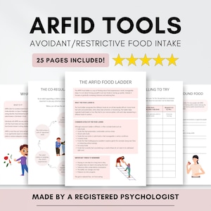May include: A set of printable ARFID tools, including a food ladder, with the text "ARFID TOOLS AVOIDANT/RESTRICTIVE FOOD INTAKE" and "25 PAGES INCLUDED!". The pages have illustrations and are designed by a registered psychologist.