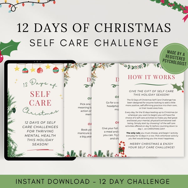 Holiday Self Care Challenge, 12 Days of Christmas Gifts, Self Care Christmas Box Idea, Mental Health Holiday, Digital Selfcare Workbook