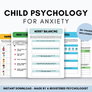 Paquete de psicología infantil, hojas de trabajo de ansiedad para niños, recursos para terapeutas de salud mental infantil, libro de trabajo de consejero escolar