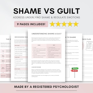 May include: A nine-page digital document titled SHAME VS GUILT, featuring text on understanding and regulating emotions. The pages include tables, checklists, and a graphic of two road signs labeled FACTS and MYTHS, all created by a registered psychologist.