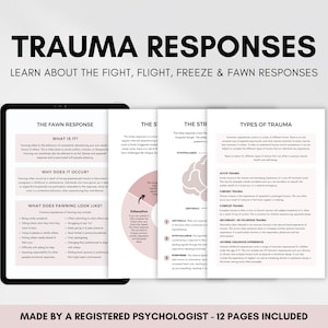 Trauma Response Psychoeducation Worksheets for Understanding Trauma Symptoms and Types of Trauma, Fight Flight Freeze Fawn Response Therapy