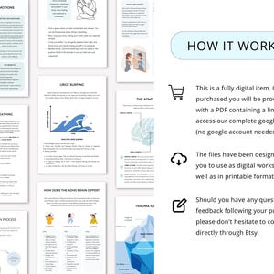 Op de afbeelding: Een digitale download met educatieve werkbladen over emotionele regulatie, waaronder onderwerpen als "Zitten met emoties" en "Drangsurfen". De pagina's bevatten illustraties en tekst, met een sectie "Hoe het werkt".