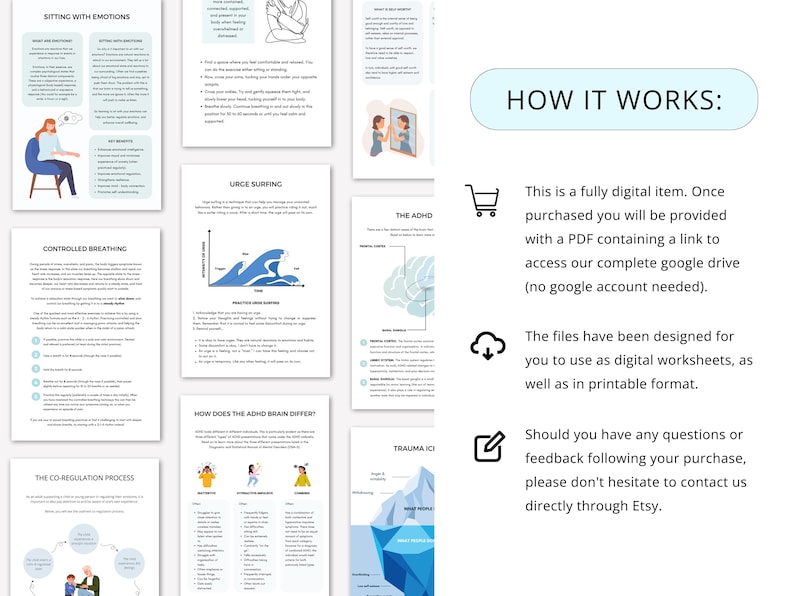 Op de afbeelding: Een digitale download met educatieve werkbladen over emotionele regulatie, waaronder onderwerpen als "Zitten met emoties" en "Drangsurfen". De pagina's bevatten illustraties en tekst, met een sectie "Hoe het werkt".