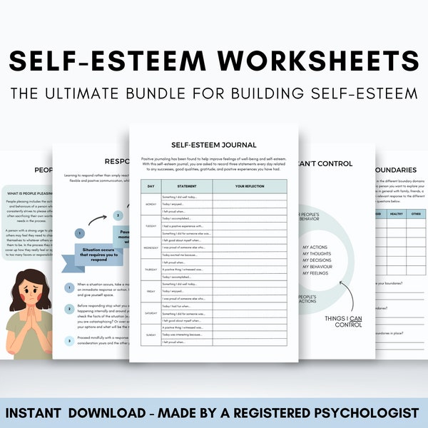 Self Esteem Worksheets, Confidence Building Workbook, Self Confidence Therapy, People Pleasing, Communication Skills & Boundary Setting