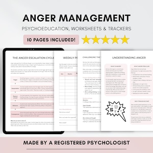 Può includere: Un tablet digitale che mostra un set di schede di psicoeducazione per la gestione della rabbia con 10 pagine incluse. Il documento presenta sezioni intitolate The Anger Escalation Cycle, Weekly Progress e Understanding Anger, con cinque stelle gialle sopra.