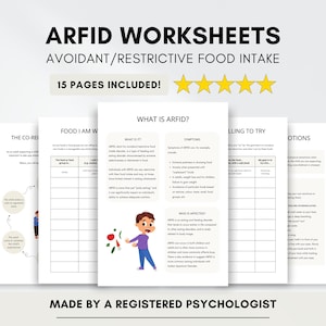 May include: A set of ARFID worksheets with the title "ARFID WORKSHEETS AVOIDANT/RESTRICTIVE FOOD INTAKE" and the text "15 PAGES INCLUDED!". The worksheets are white with black text and illustrations. The bottom of the image reads "MADE BY A REGISTERED PSYCHOLOGIST".