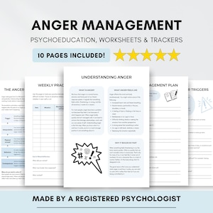 May include: A set of 10 printable anger management worksheets and trackers featuring the text Anger Management, Psychoeducation, Worksheets & Trackers, and Understanding Anger. The pages include charts, bulleted lists, and a speech bubble icon.