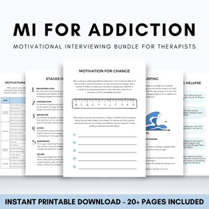 Motivational Interviewing Cheat Sheet for Addiction Recovery, MI Worksheets Bundle, Therapist Resources, Relapse Prevention, Substance Use