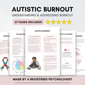 以下が含まれることがあります： 「Autistic Burnout: Understanding & Addressing Burnout」と題された情報ページが積み重なっています。表紙には黒い文字でタイトル、テキスト「27 Pages Included!」、5つの金色の星が描かれています。ページにはテキストとイラストが含まれています。
