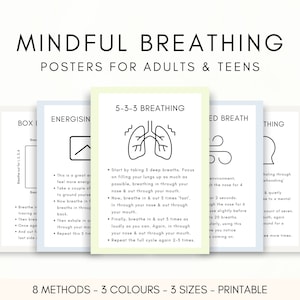 Paquete de carteles de respiración consciente para adultos, ansiedad para adolescentes, técnicas de puesta a tierra, tarjetas de habilidades de afrontamiento, carteles de terapia de ejercicio calmante