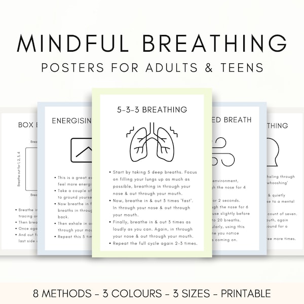 Mindful Breathing Poster Bundle for Adults, Anxiety for Teens, Grounding Techniques, Coping Skills Cards, Calming Exercises