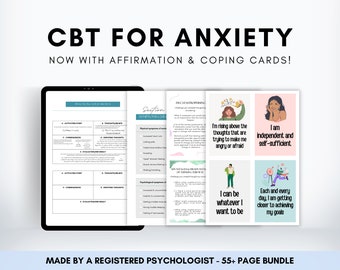 CBT for Anxiety Worksheets Affirmation and Coping Cards, Therapist Resource for Adults & Teens Managing Anxious Thoughts and Overthinking