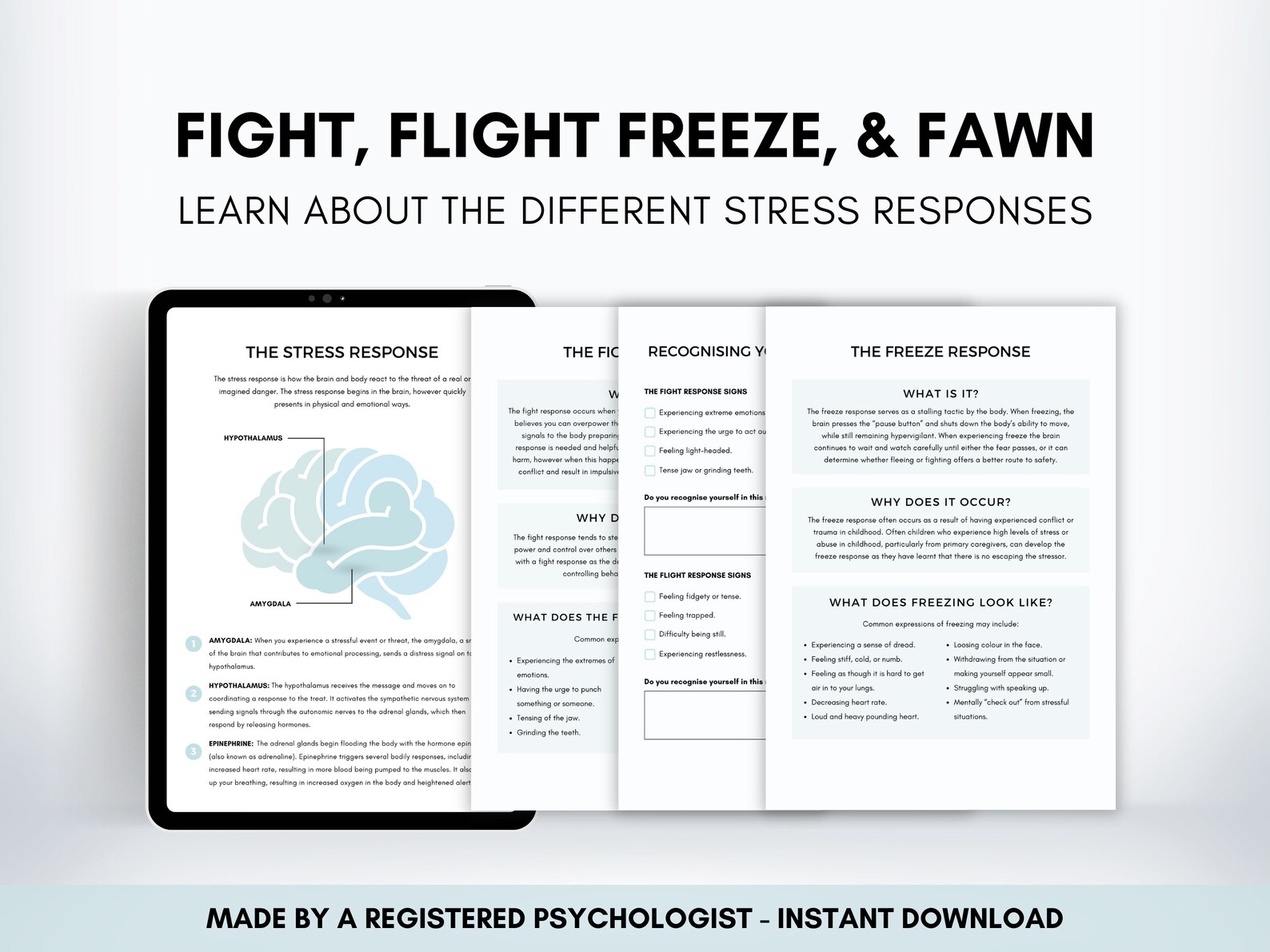 Fight Flight Freeze Fawn Response Worksheet Bundle, Therapist Resource ...
